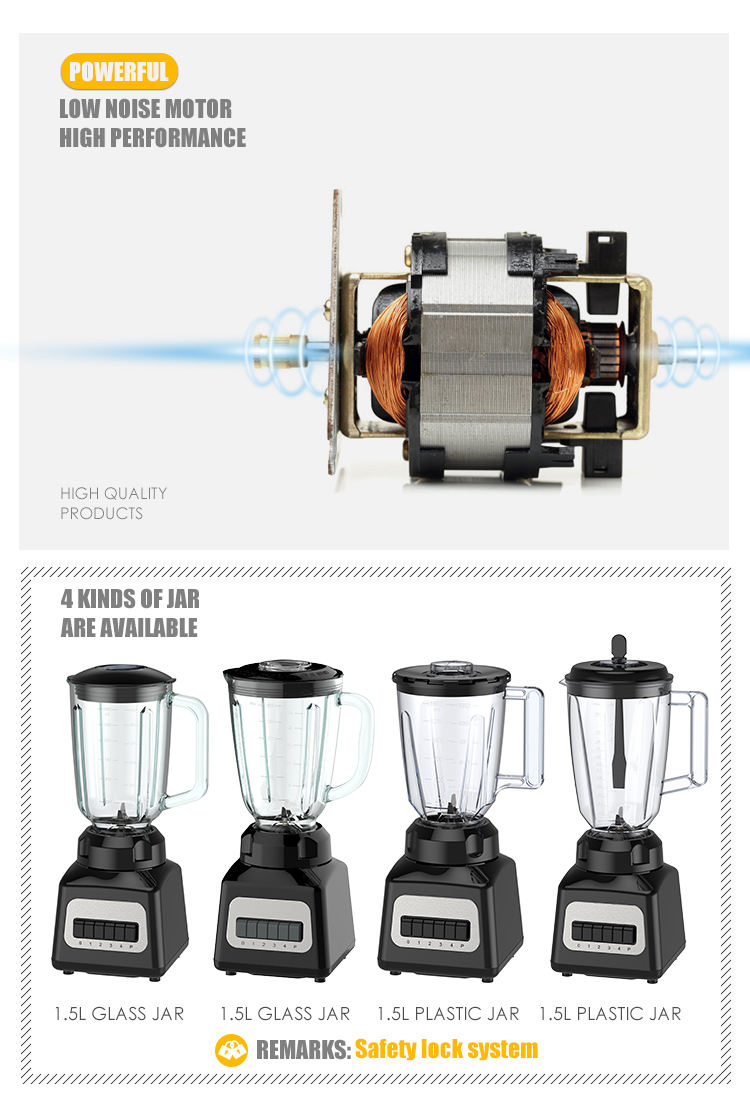 Jarra de vidro de plástico 500w 1,5l, jarra s/s com quatro velocidades, função de pulso, botão chave, placa de interruptor de aço inoxidável, liquidificador do motor